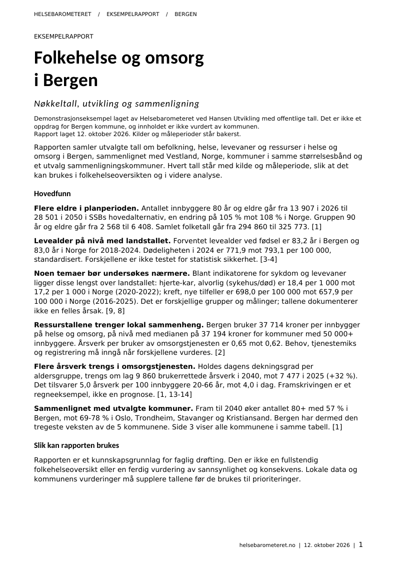 Side 1 i eksempelrapporten: Hovedfunn på én side.